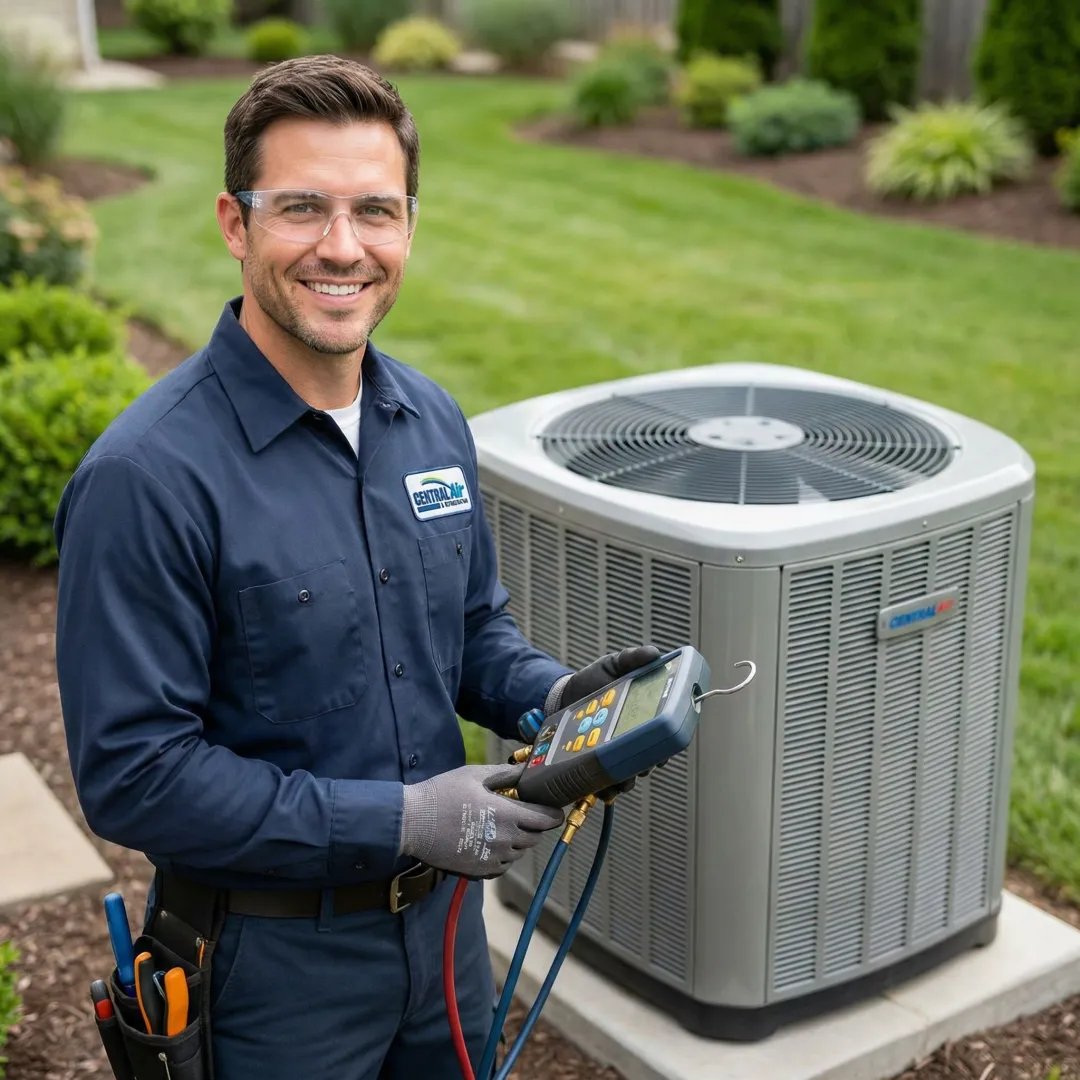 Professional HVAC technician servicing home air conditioning unit in Bryan, TX