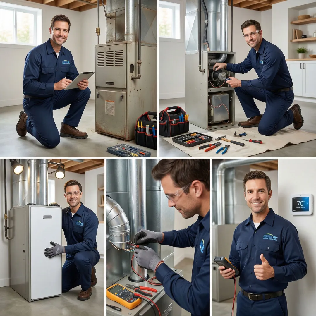 Step-by-step furnace replacement process with technician working on installation