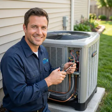 Professional HVAC technician installing a modern air conditioning unit in a Madisonville TX home