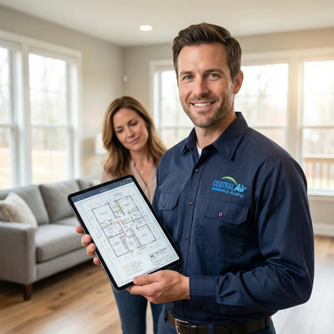 HVAC technician explaining AC installation process to homeowner with system diagram