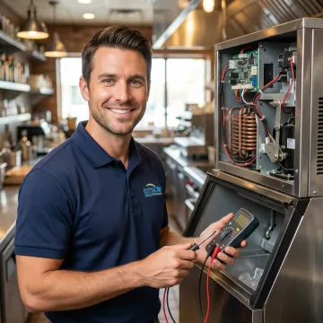 Technician inspecting commercial ice machine components in bar setting