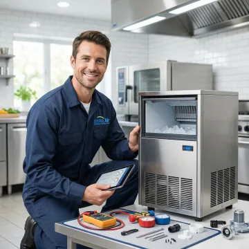 Commercial ice machine being repaired by certified technician in restaurant setting