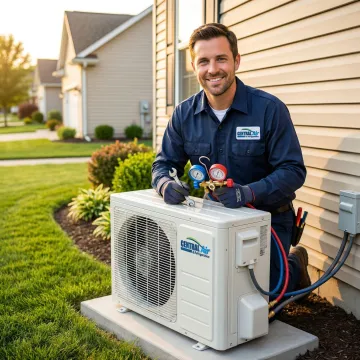 Professional HVAC technician installing a modern air conditioning unit in a Caldwell TX home