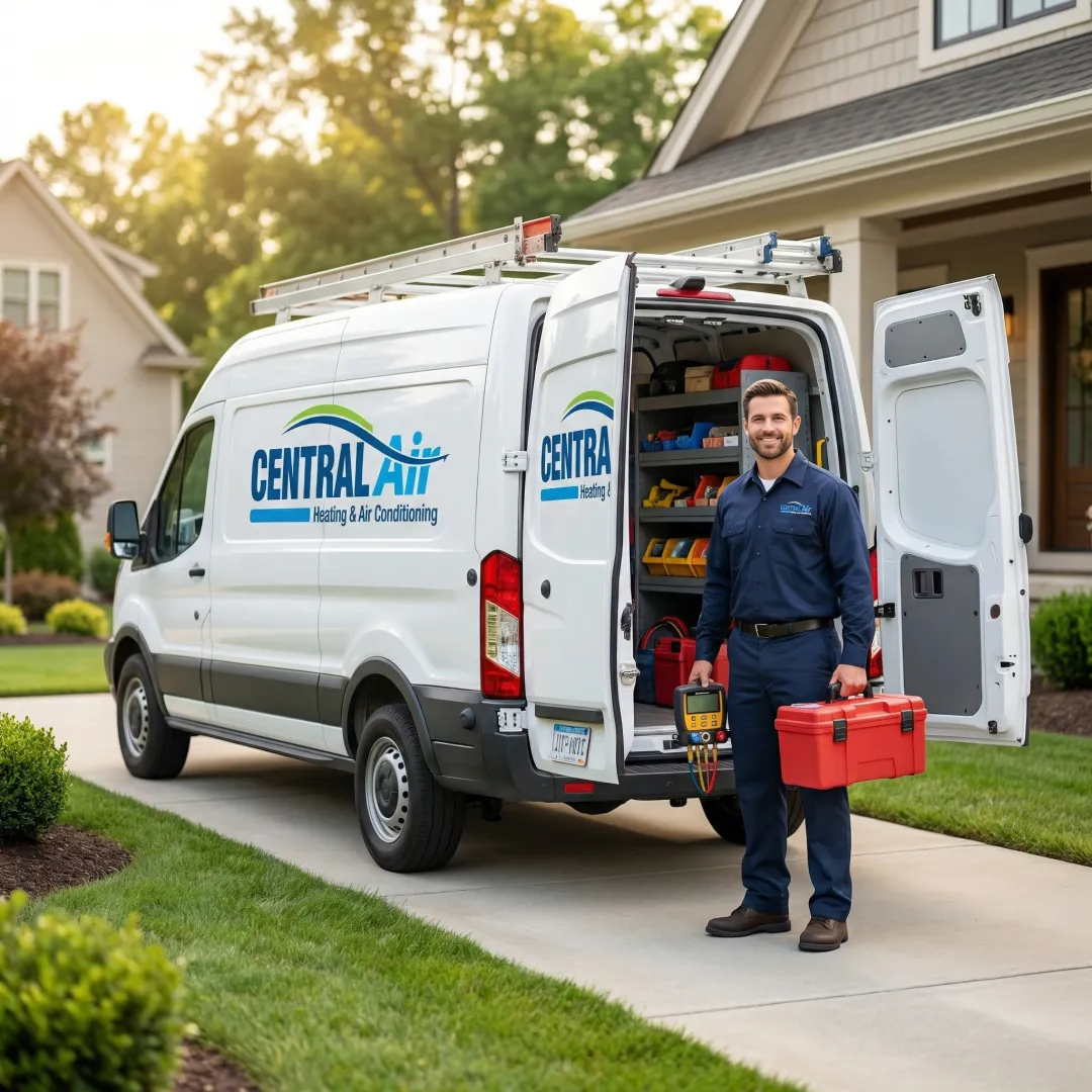 HVAC service truck arriving at Navasota home for furnace repair