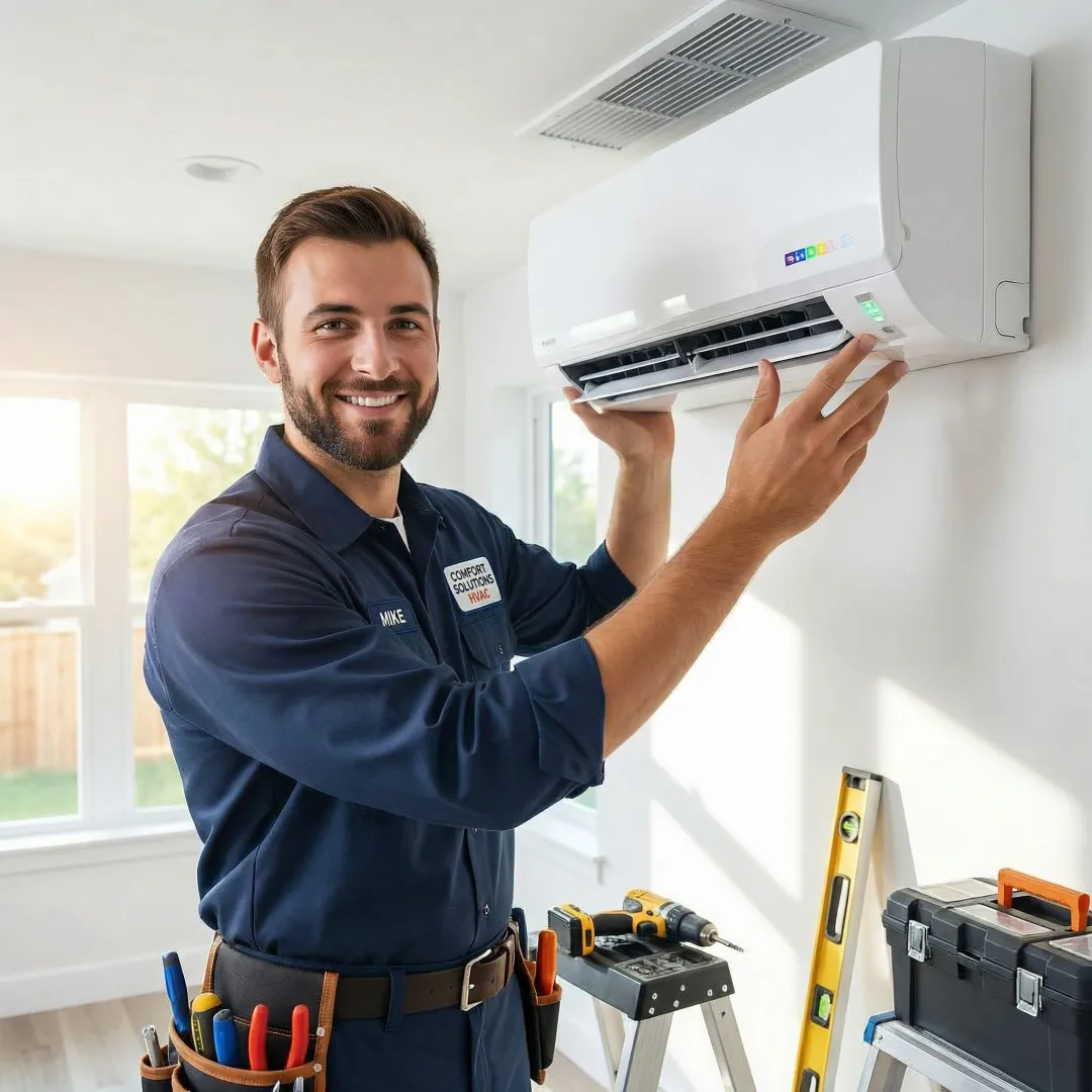 Professional HVAC technician installing a modern residential heating and cooling system