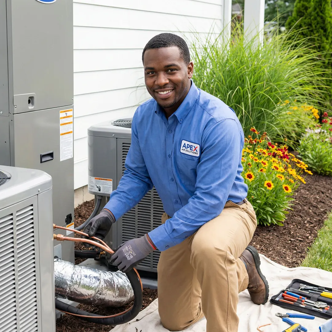 Professional HVAC technician installing a new air conditioning unit in a Bryan, TX home