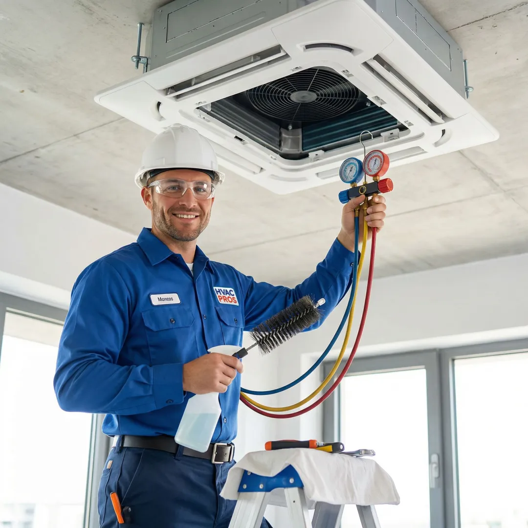 HVAC technician performing professional AC maintenance and tune-up service