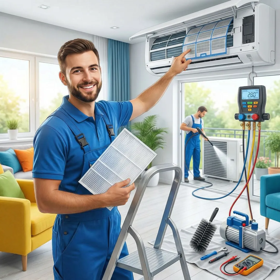 Step-by-step AC maintenance process showing technician servicing air conditioning system
