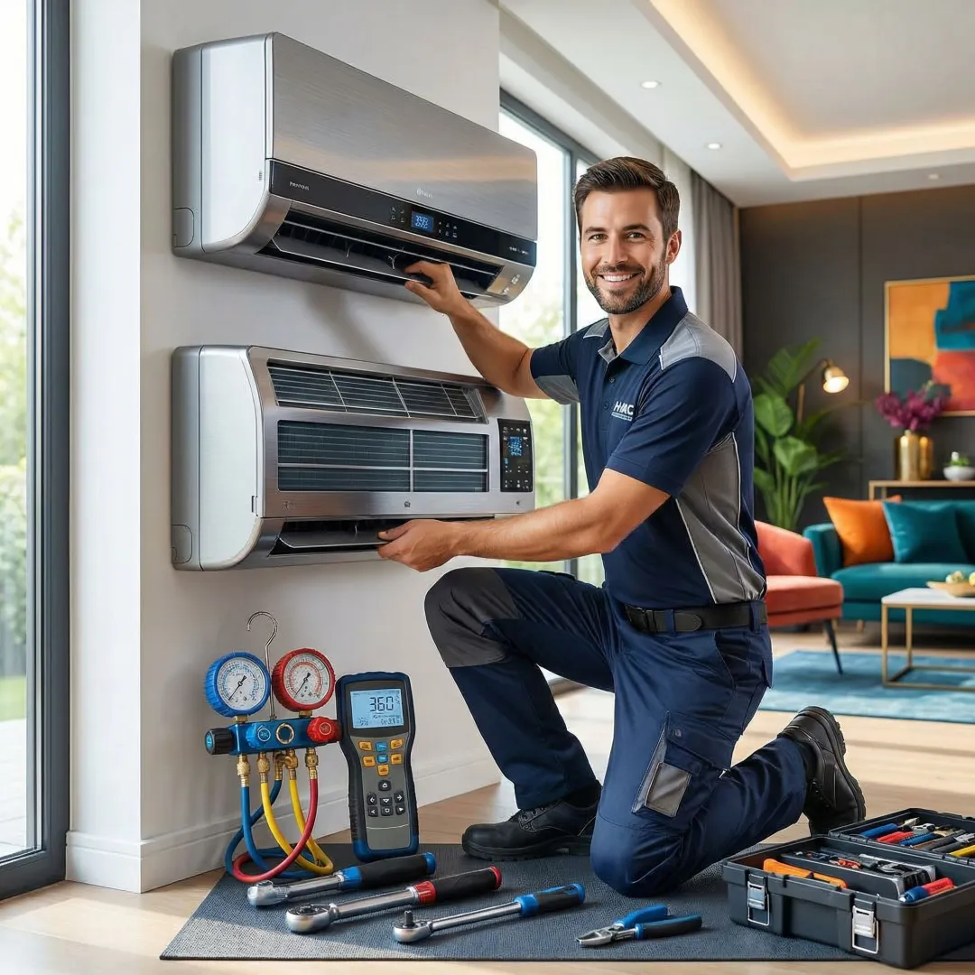 Professional HVAC technician servicing heating and cooling system in Bryan, TX