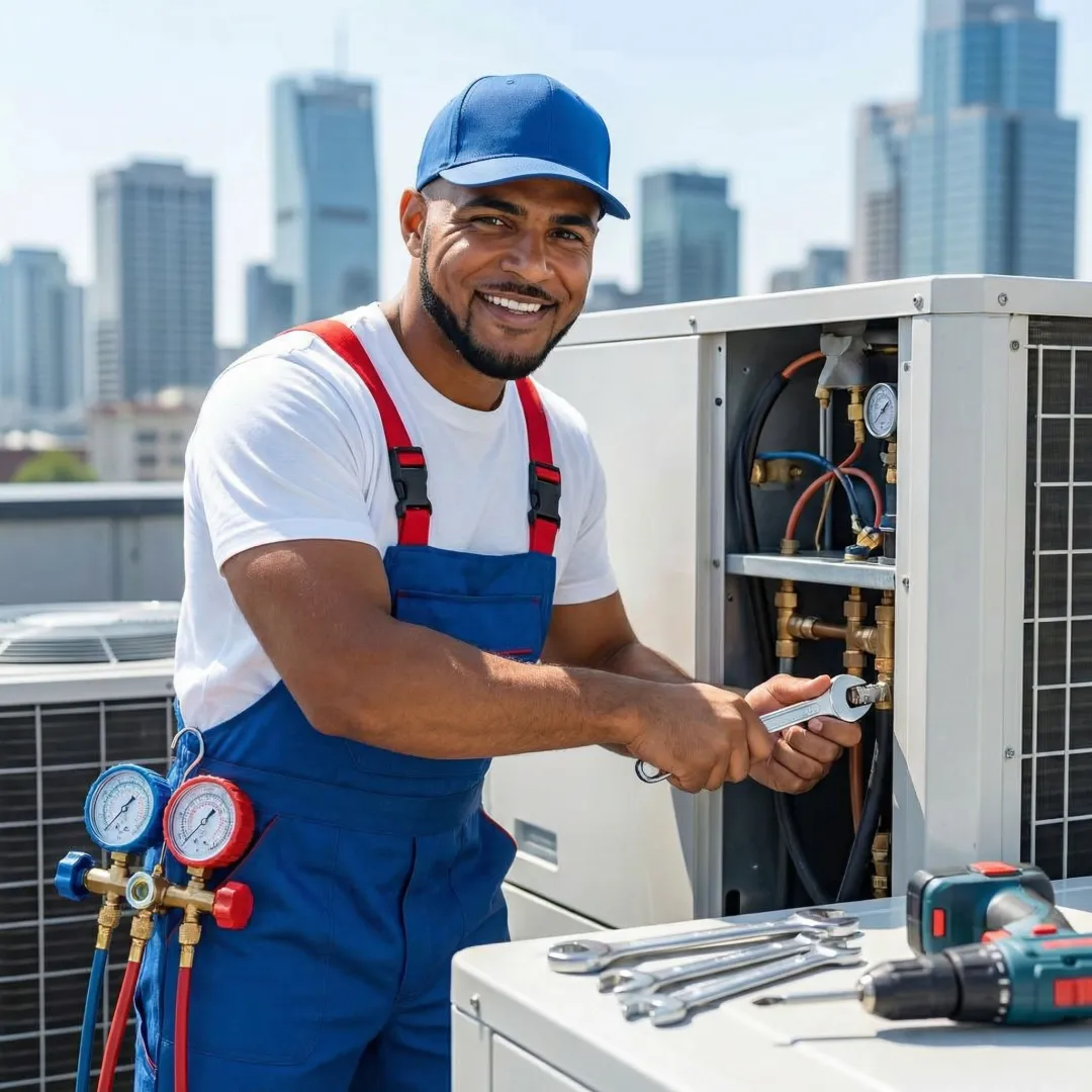 Commercial HVAC technician installing large air conditioning unit on commercial building rooftop