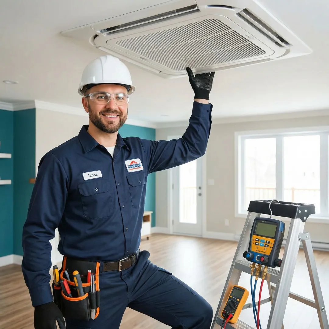 HVAC technician repairing air conditioning unit during emergency service call