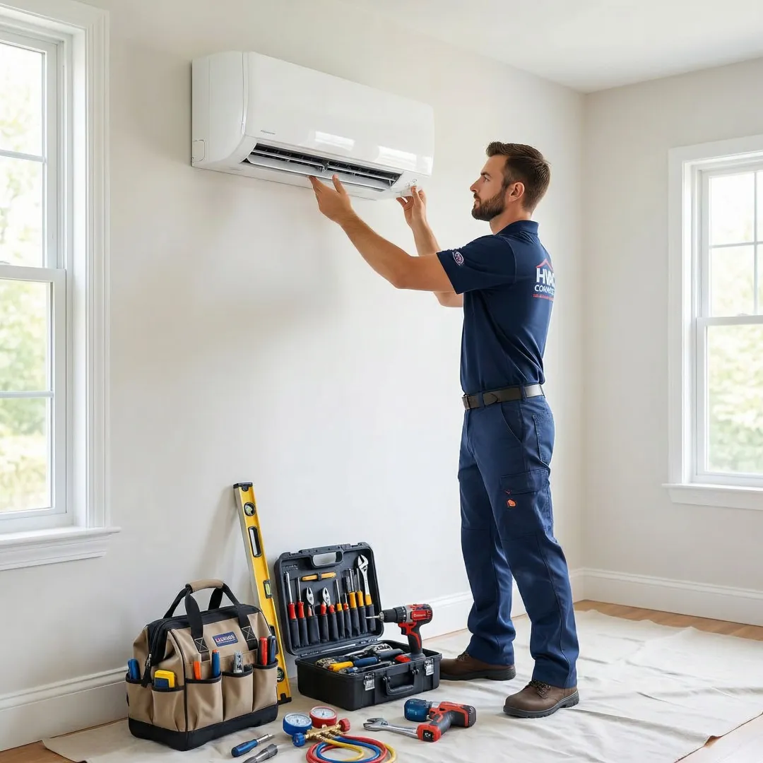 HVAC technician installing a ductless mini split air conditioning unit on an interior wall