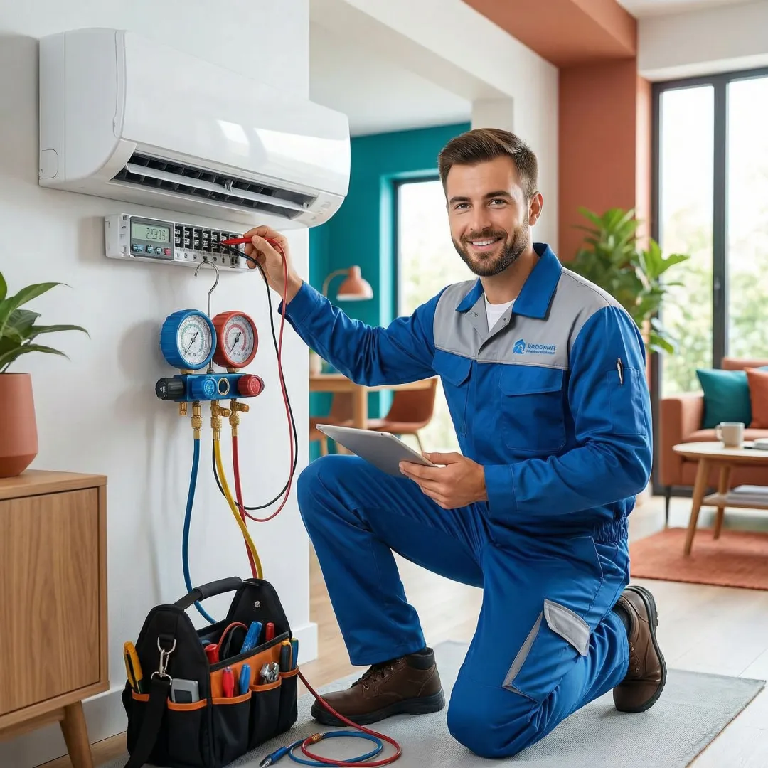 HVAC technician performing detailed system maintenance inspection