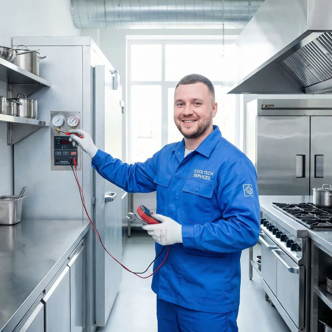 Commercial refrigeration technician servicing large walk-in cooler unit
