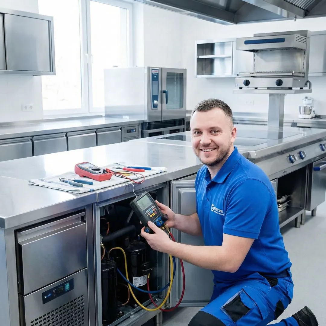 Commercial refrigeration technician performing maintenance on restaurant cooler