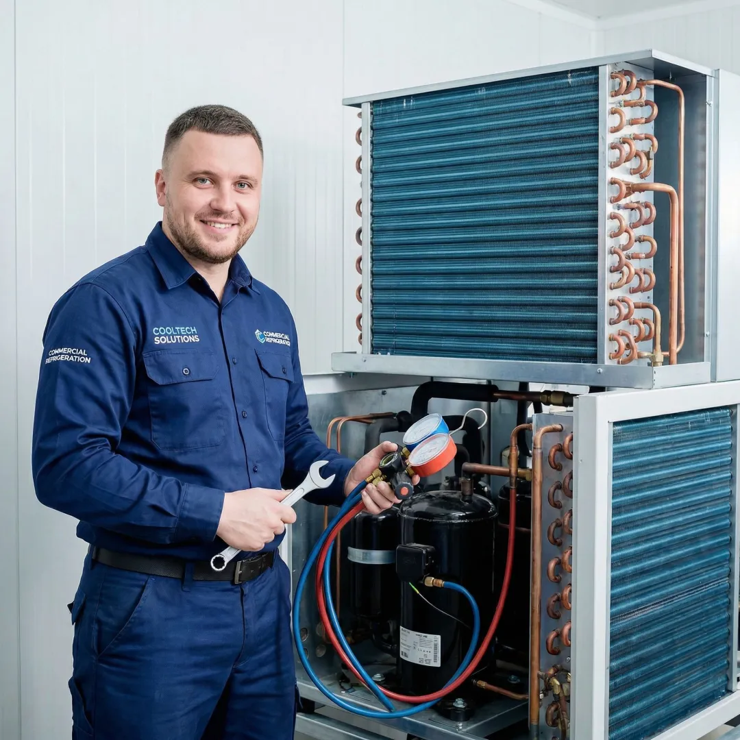 Professional technician repairing a commercial walk-in cooler unit