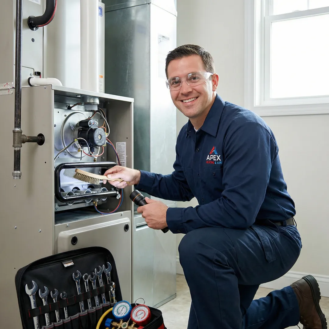 Technician performing comprehensive furnace maintenance and inspection
