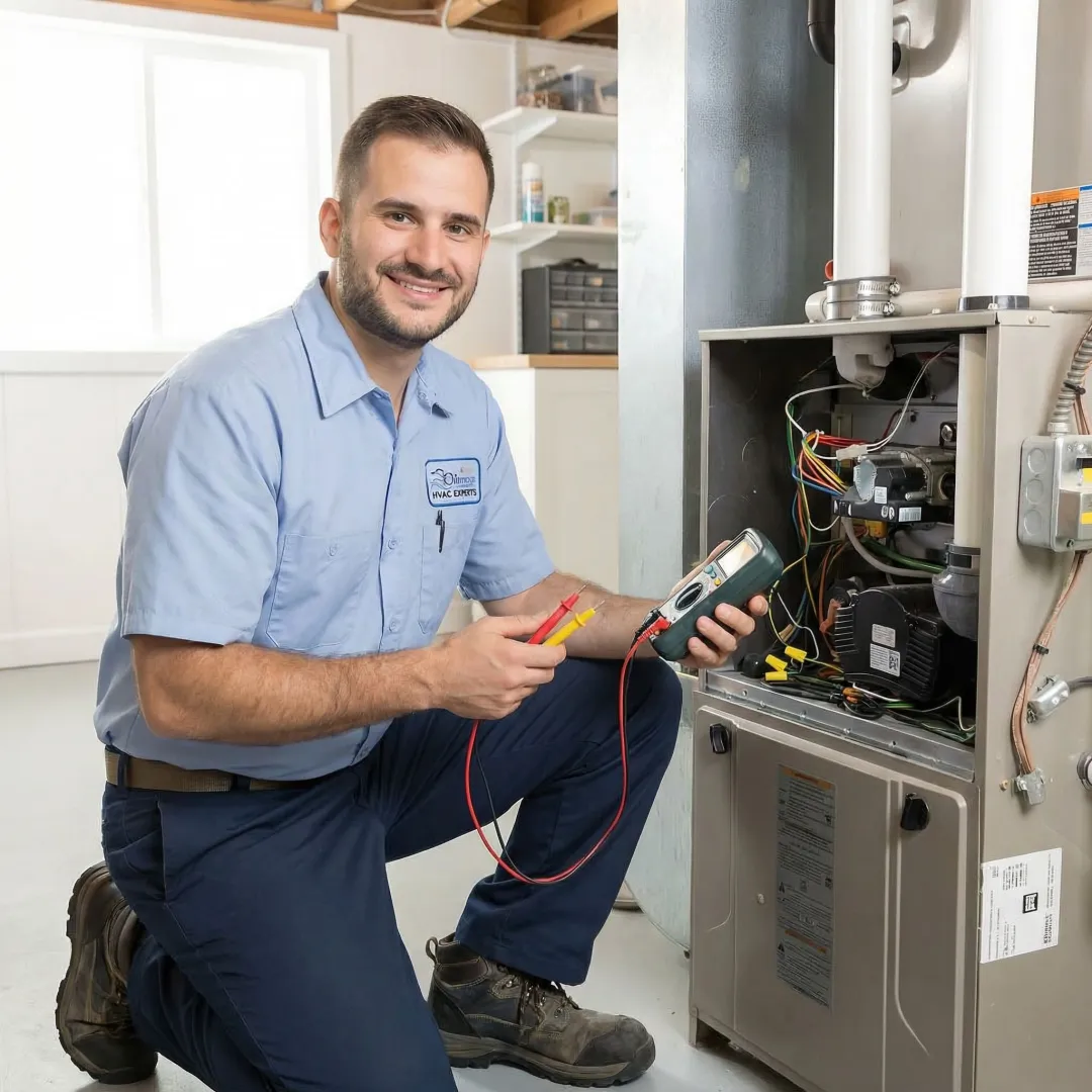 HVAC technician performing heating system tune-up and maintenance inspection