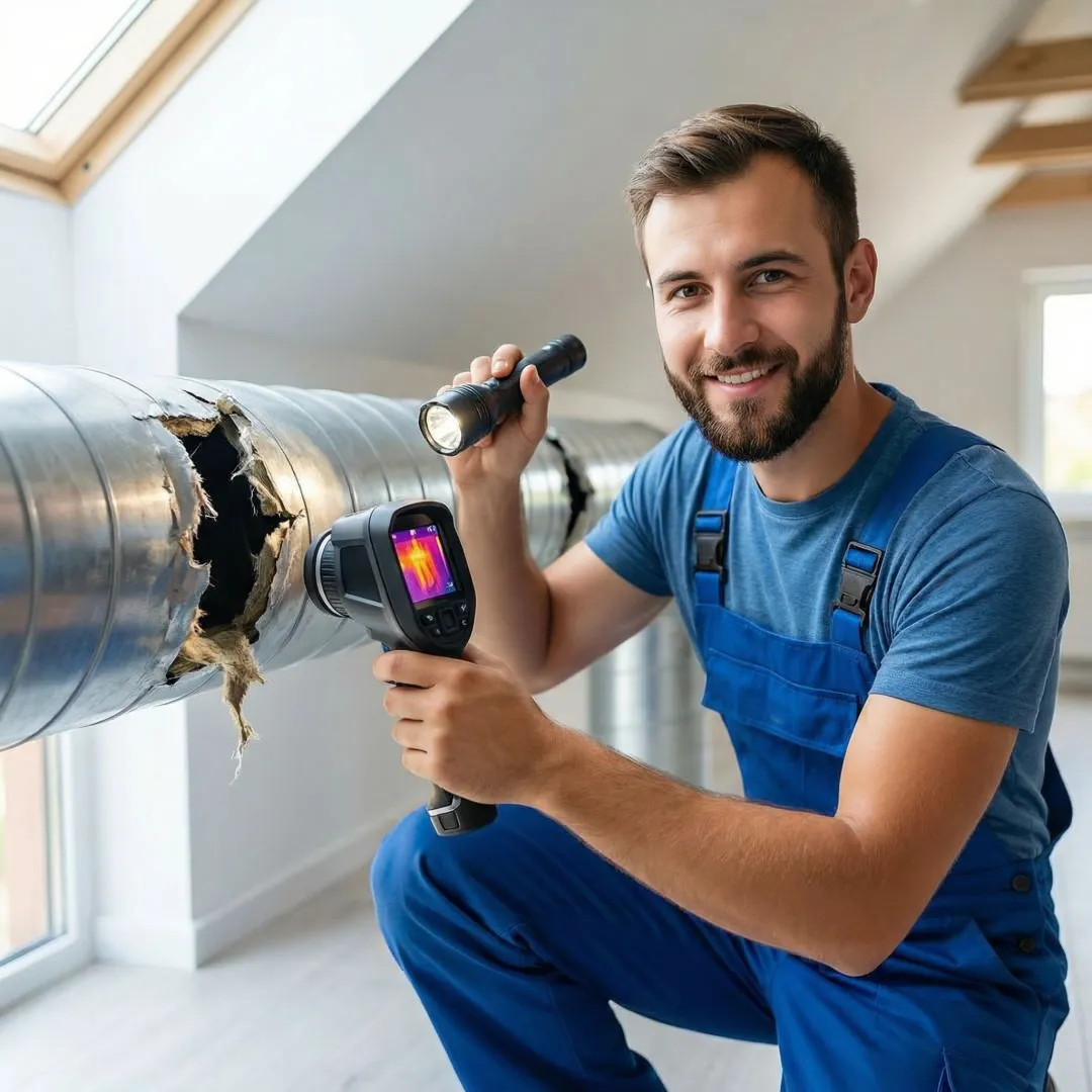 HVAC technician inspecting and repairing air conditioning ductwork system