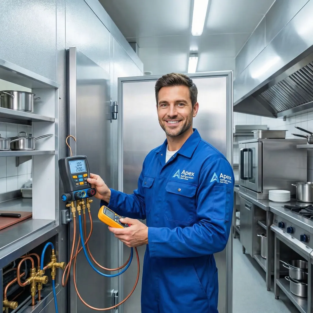 Commercial refrigeration technician repairing walk-in cooler