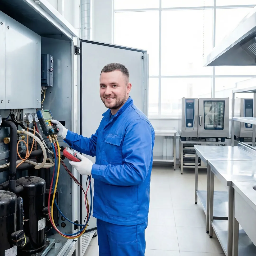 Technician performing diagnostic testing on commercial refrigeration unit