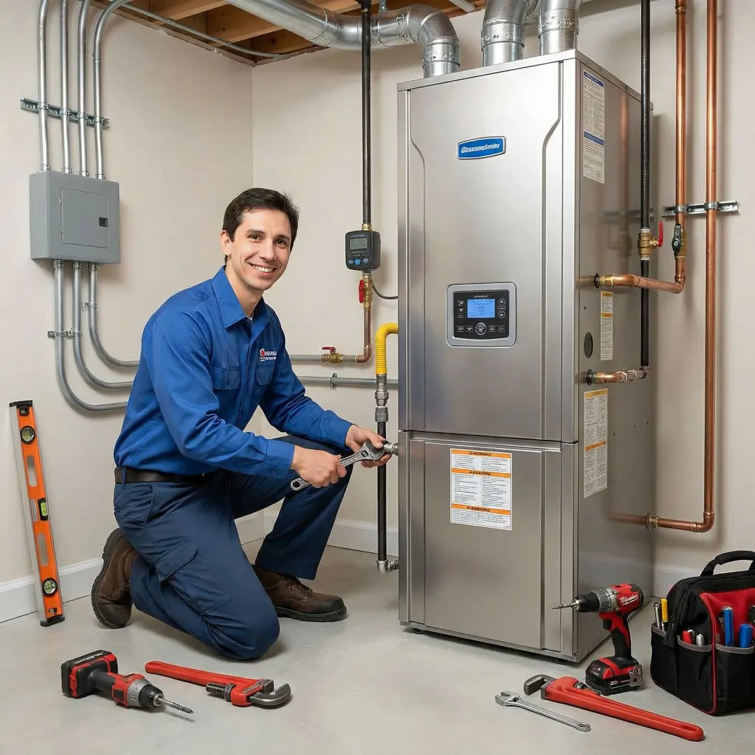 Professional HVAC technician installing a new gas furnace system in a residential home