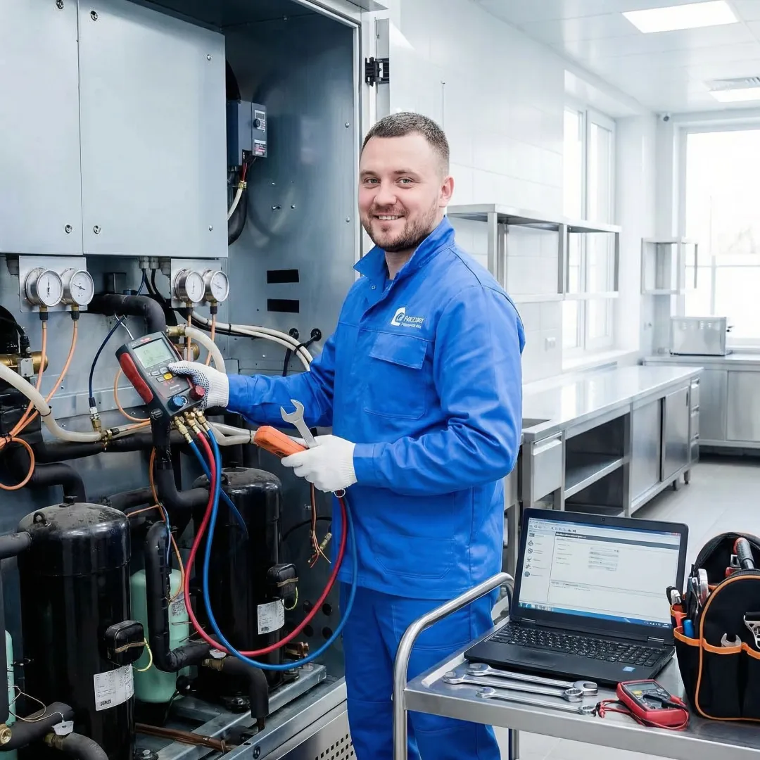 Technician repairing commercial refrigeration equipment with tools