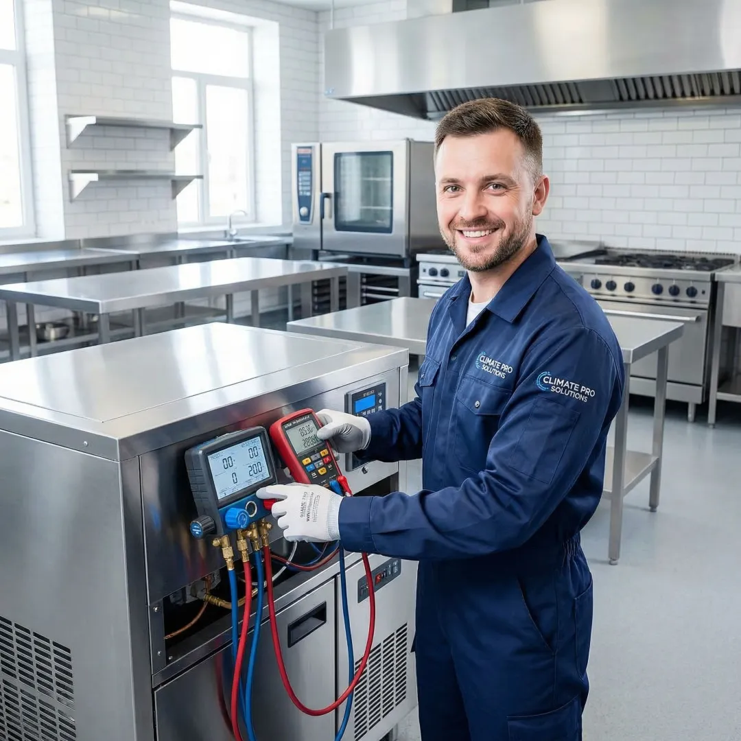 Commercial refrigerator repair technician diagnosing cooling system