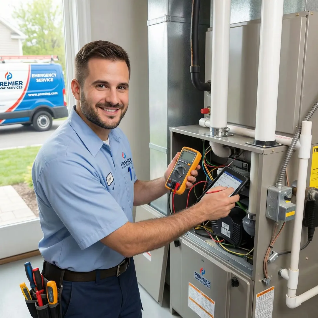 HVAC technician performing emergency furnace diagnostics with testing equipment