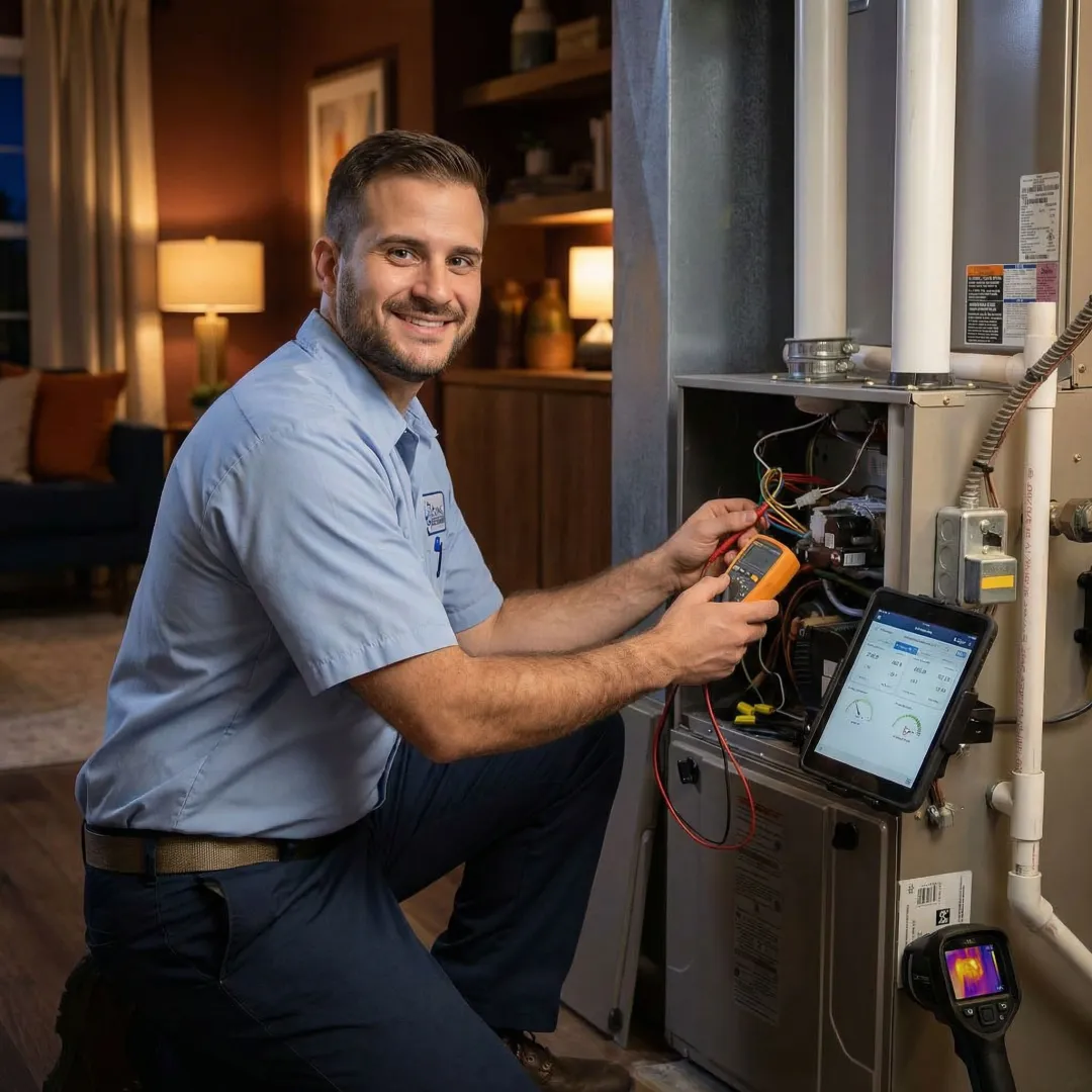 Emergency furnace repair technician working on residential heating system