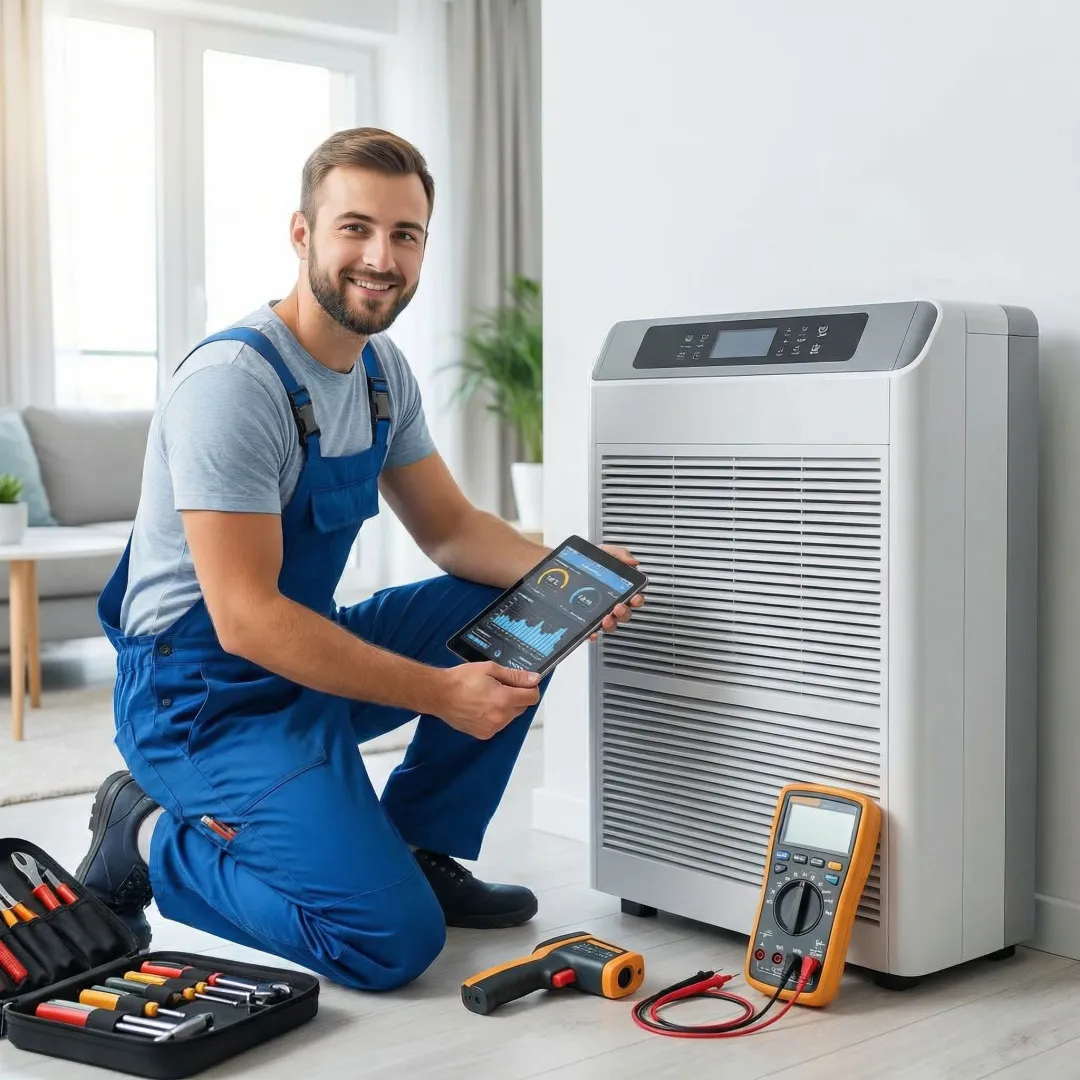 HVAC technician performing emergency diagnostic testing on heating and cooling system