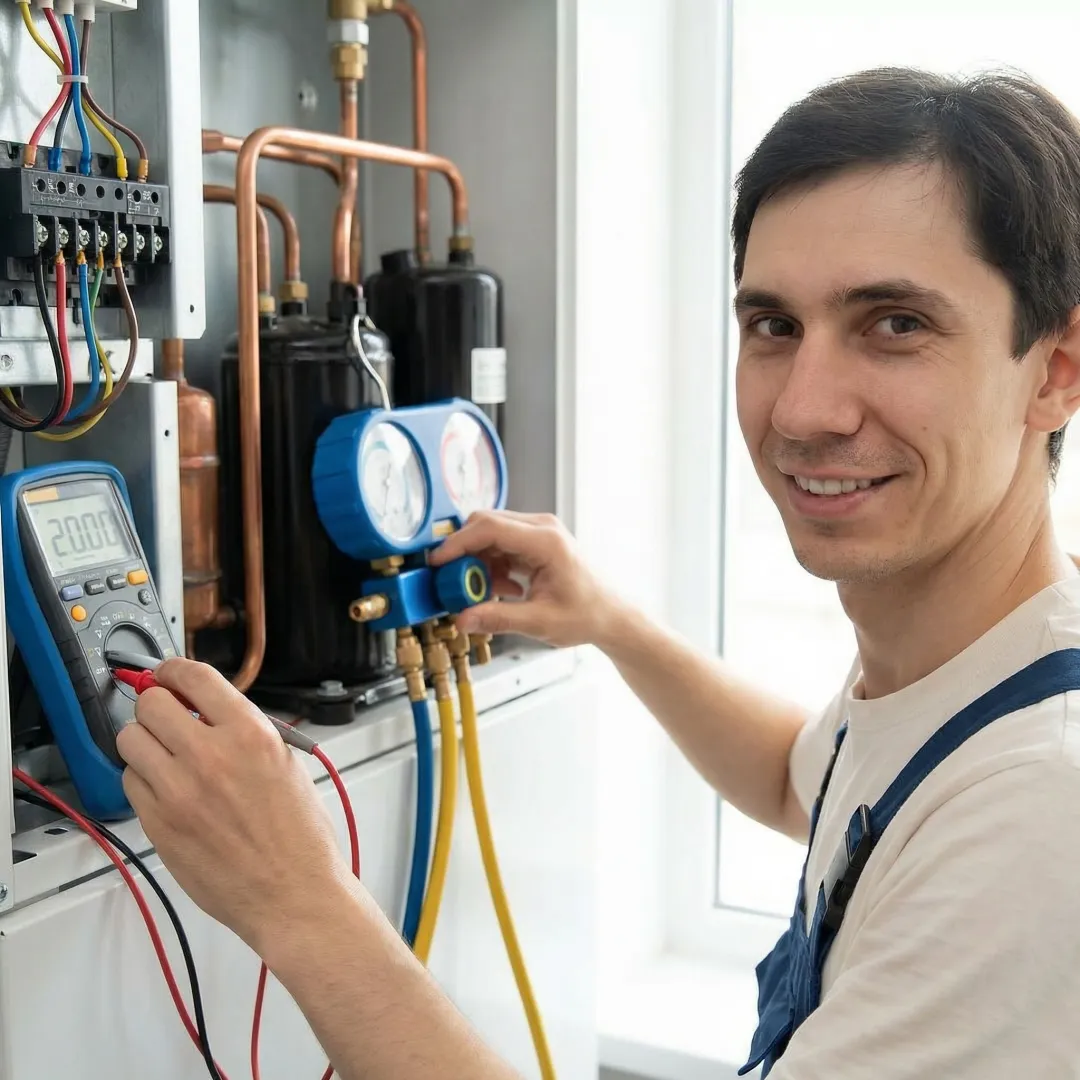 HVAC technician performing detailed air conditioning system inspection