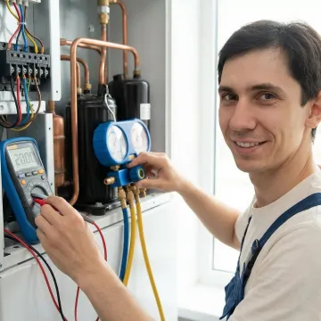 HVAC technician performing detailed air conditioning system inspection