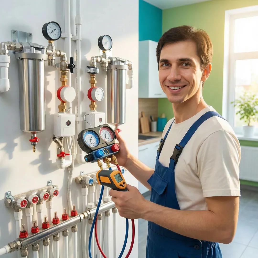 Modern HVAC system with technician performing inspection