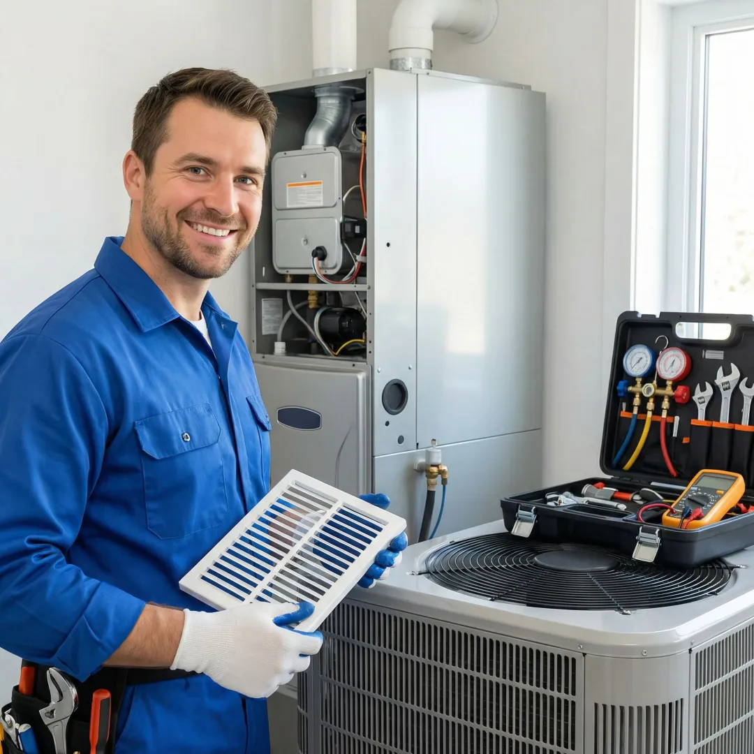 HVAC technician servicing air conditioning and heating system