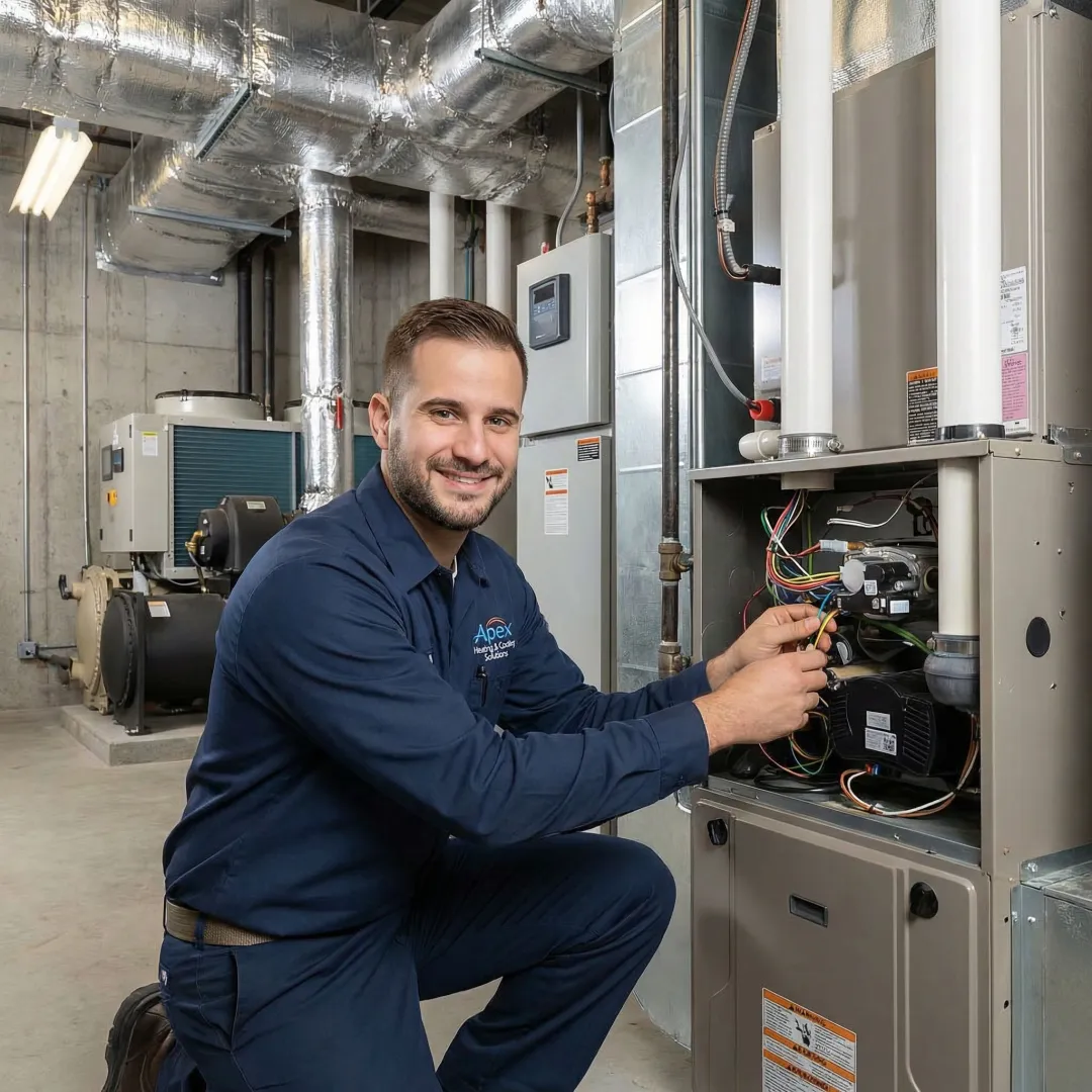 Commercial HVAC technician installing modern heating system in business facility