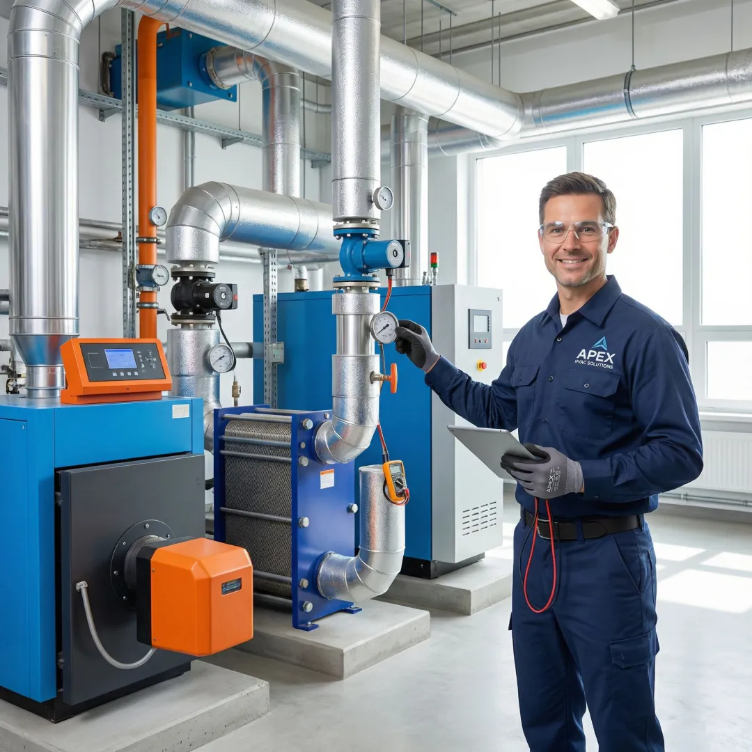 HVAC technician performing commercial heating system installation and testing