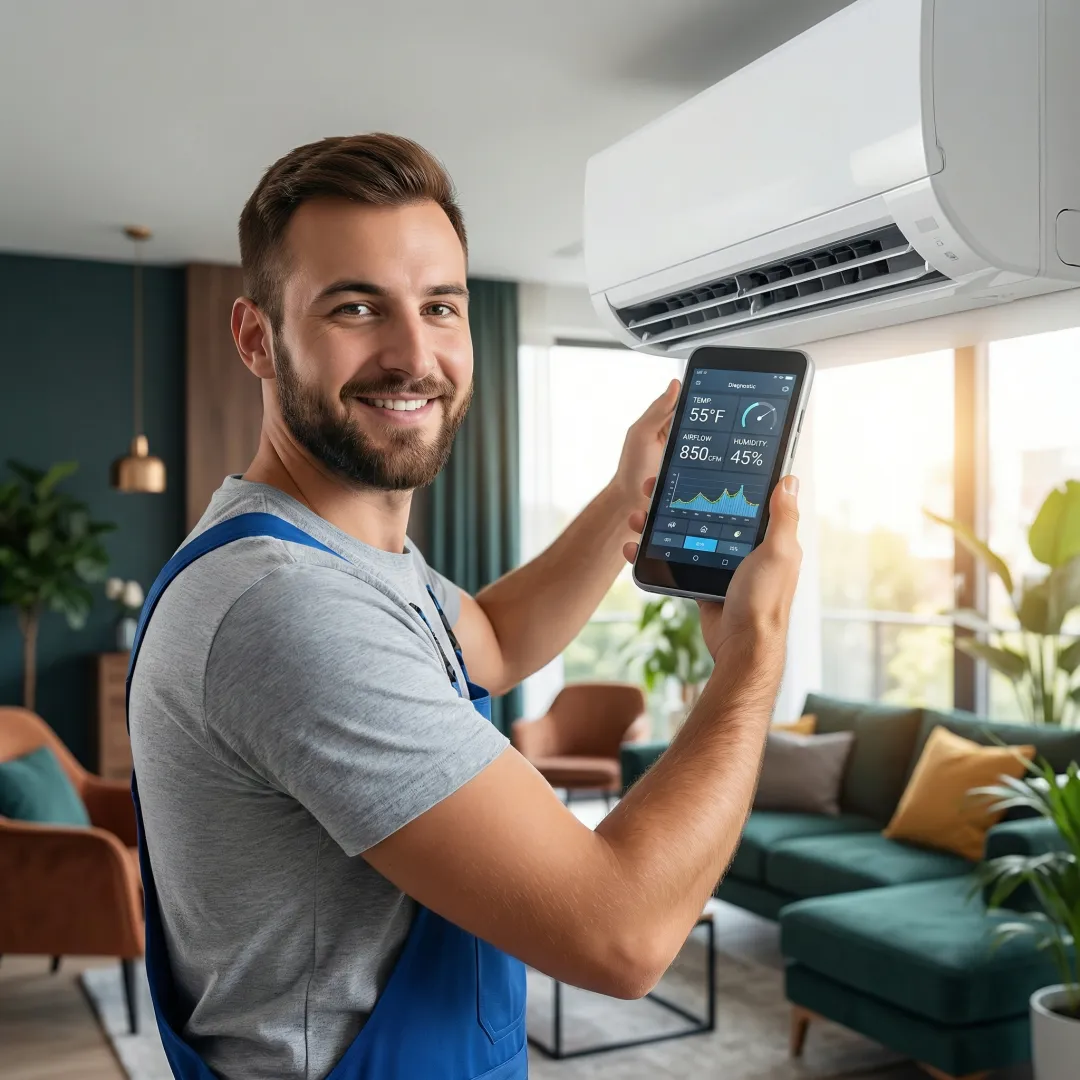 HVAC technician testing and calibrating newly installed air conditioning system with diagnostic equipment