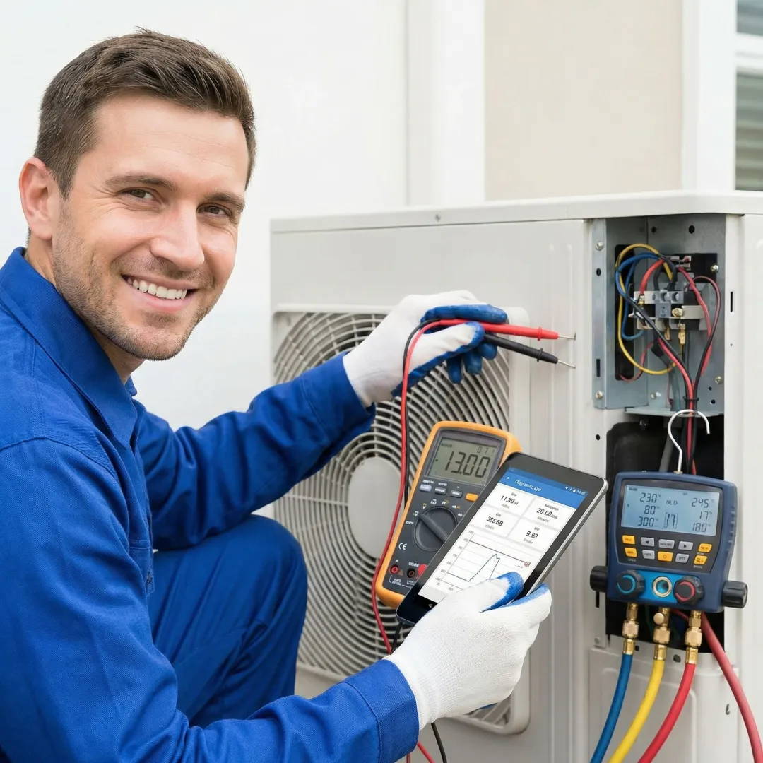 HVAC technician performing diagnostic testing on residential air conditioning system