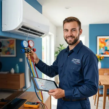 Professional HVAC technician repairing air conditioning unit in Madisonville Texas home