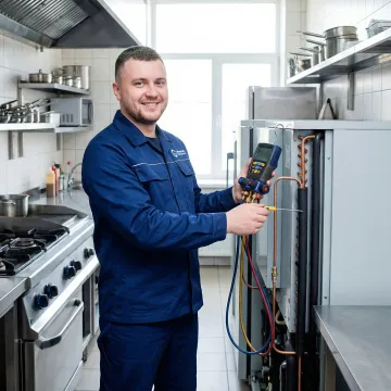 Commercial refrigeration technician repairing walk-in cooler in Caldwell restaurant