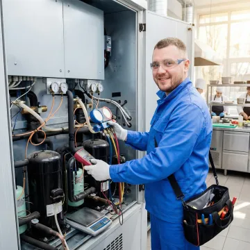 Commercial refrigeration repair technician servicing restaurant cooler system