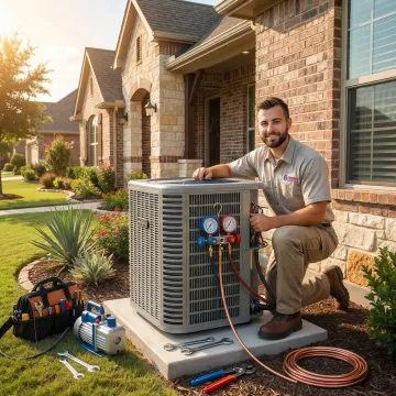 Professional HVAC technician installing a new high-efficiency air conditioning unit in Hearne TX home