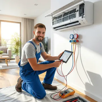 HVAC technician performing AC repair on residential cooling system