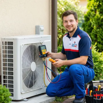 HVAC technician repairing heat pump unit outside residential home in Bryan Texas