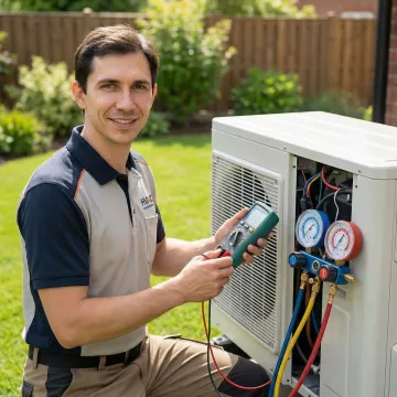 Technician performing diagnostic testing on residential heat pump system