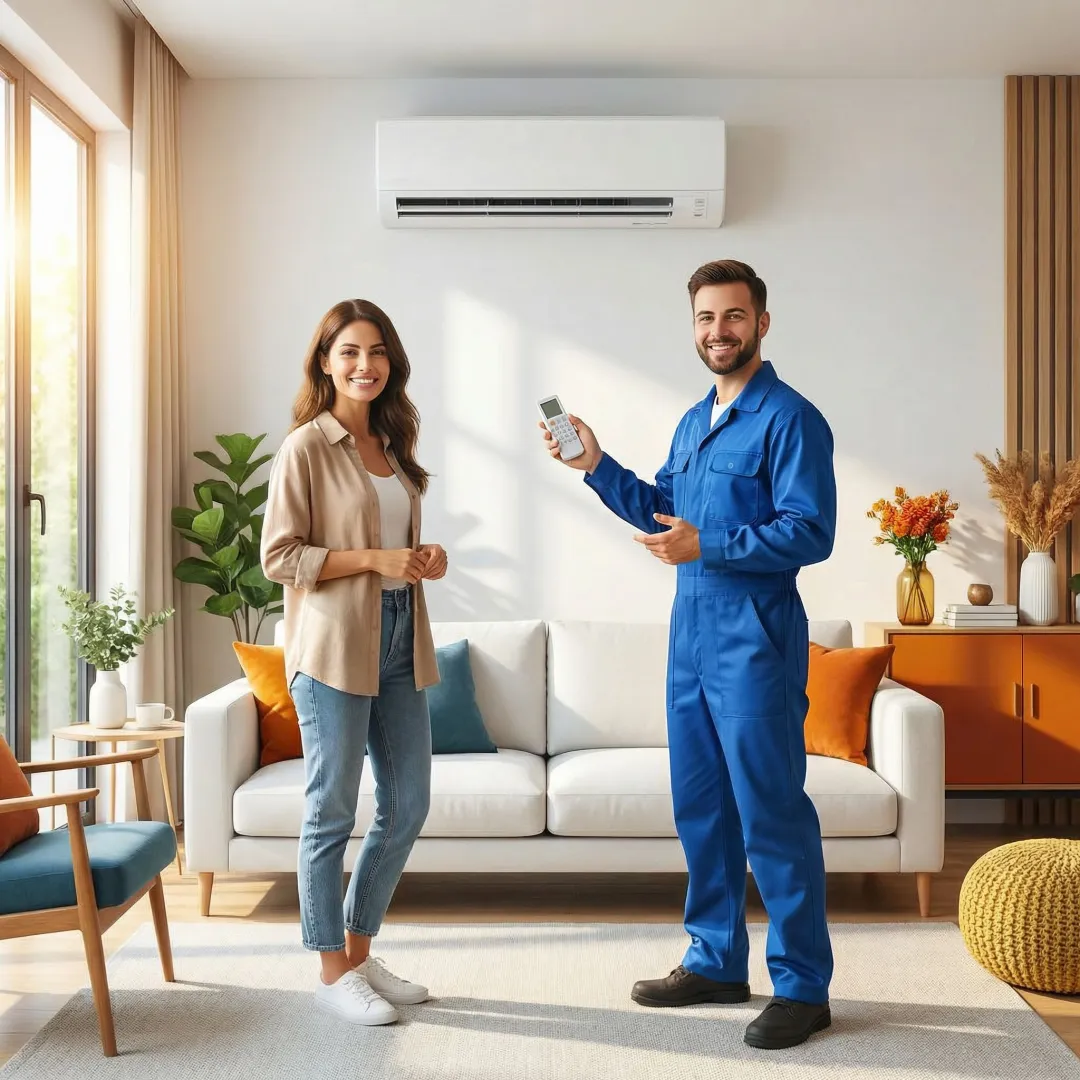 HVAC professional demonstrating mini split remote control to homeowner