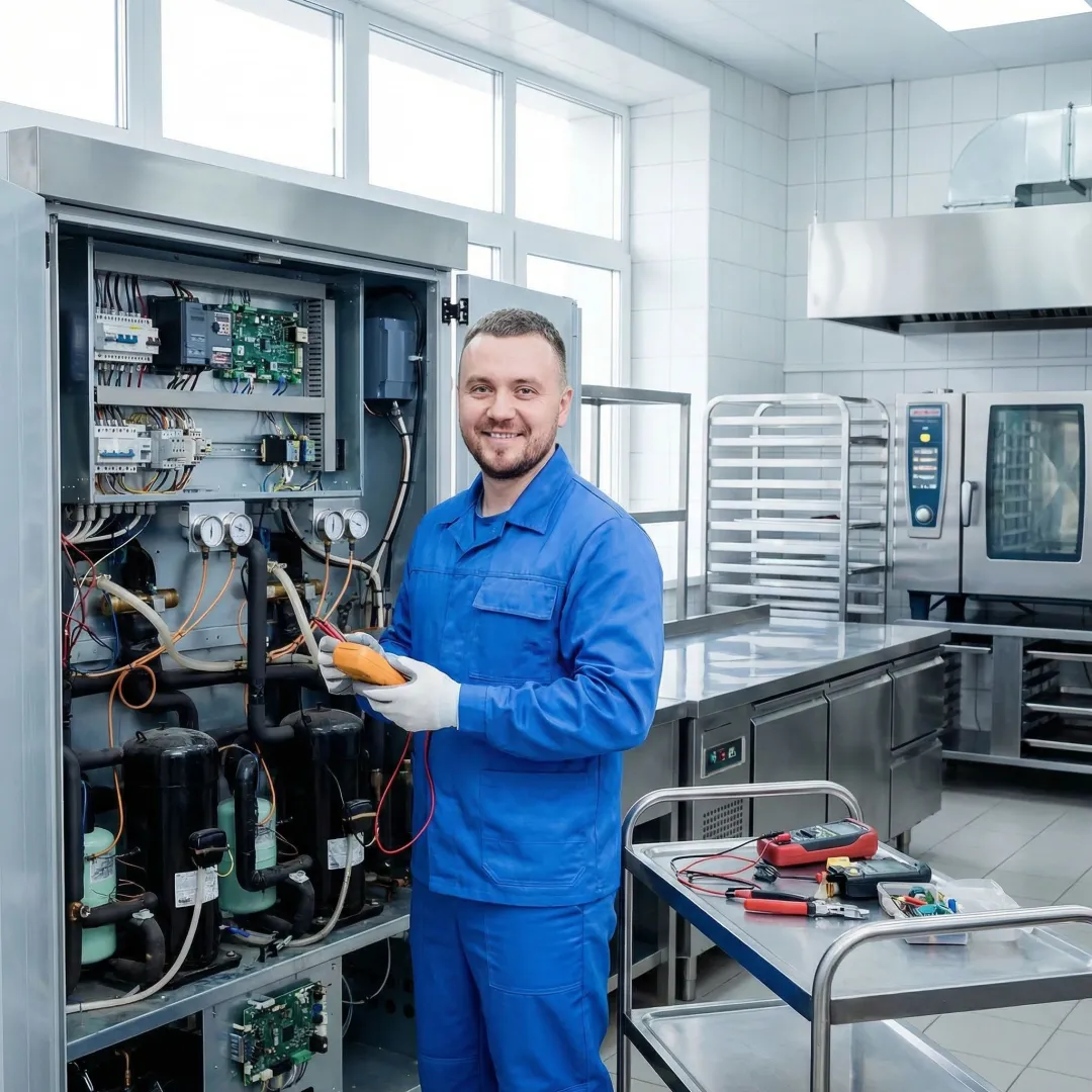 HVAC technician performing diagnostic testing on commercial ice machine control panel