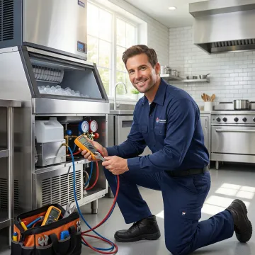 Commercial ice machine repair technician working on industrial ice maker in College Station restaurant