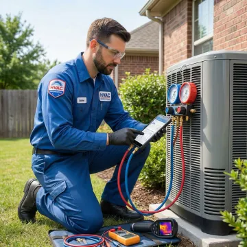 Professional HVAC technician repairing residential air conditioning unit in Brenham TX